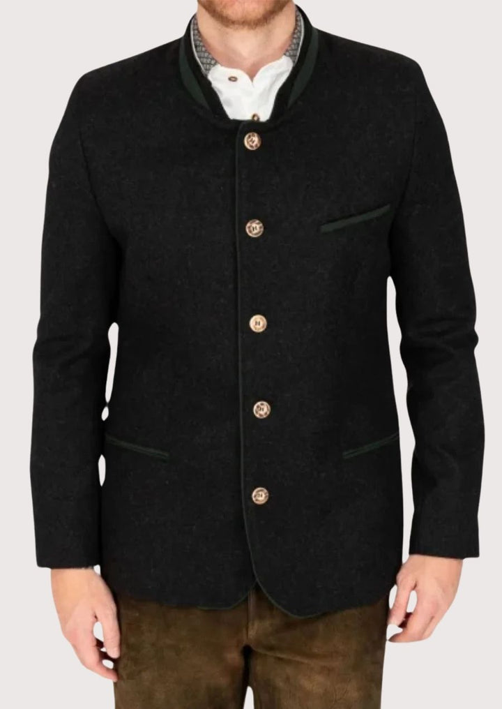 100% Wool Men’s Trachten Jacket with Rustic Wooden Buttons and Velvet Collar