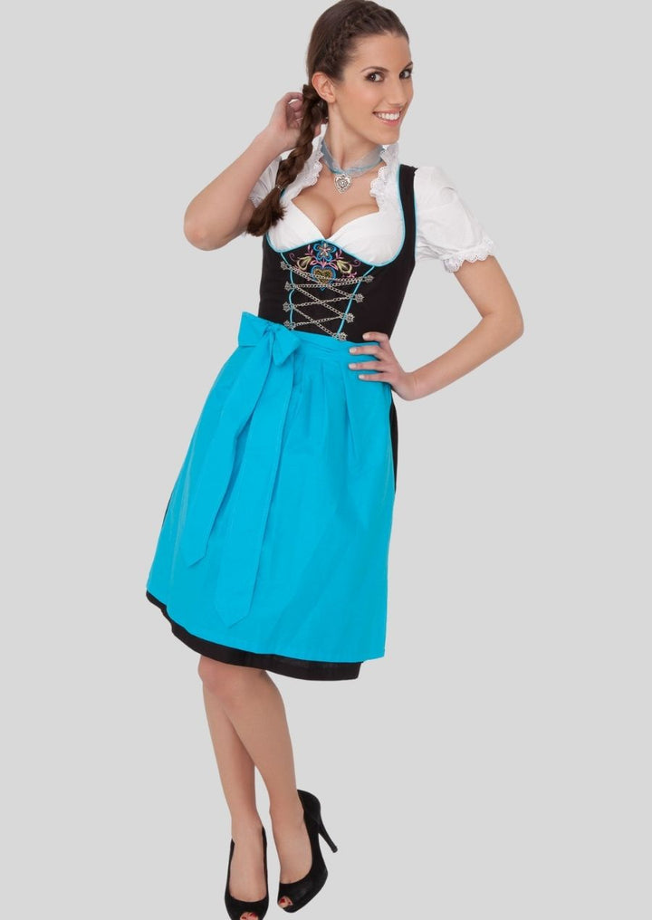 Romantic Black & Blue Dirndl – Elegant Floral and Heart Embroidery