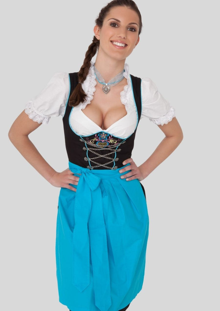 Romantic Black & Blue Dirndl – Elegant Floral and Heart Embroidery