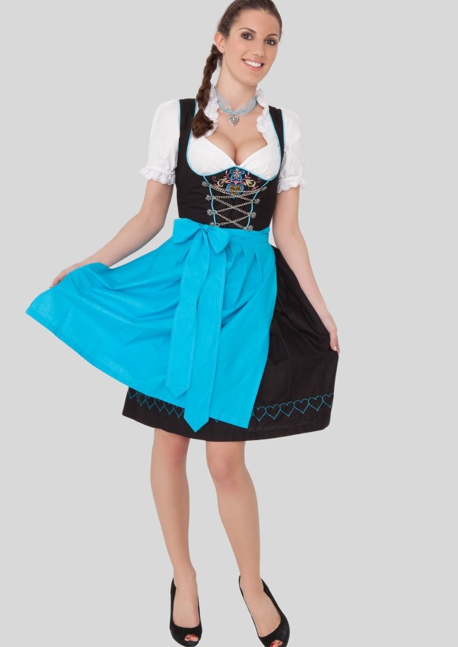 Romantic Black & Blue Dirndl – Elegant Floral and Heart Embroidery