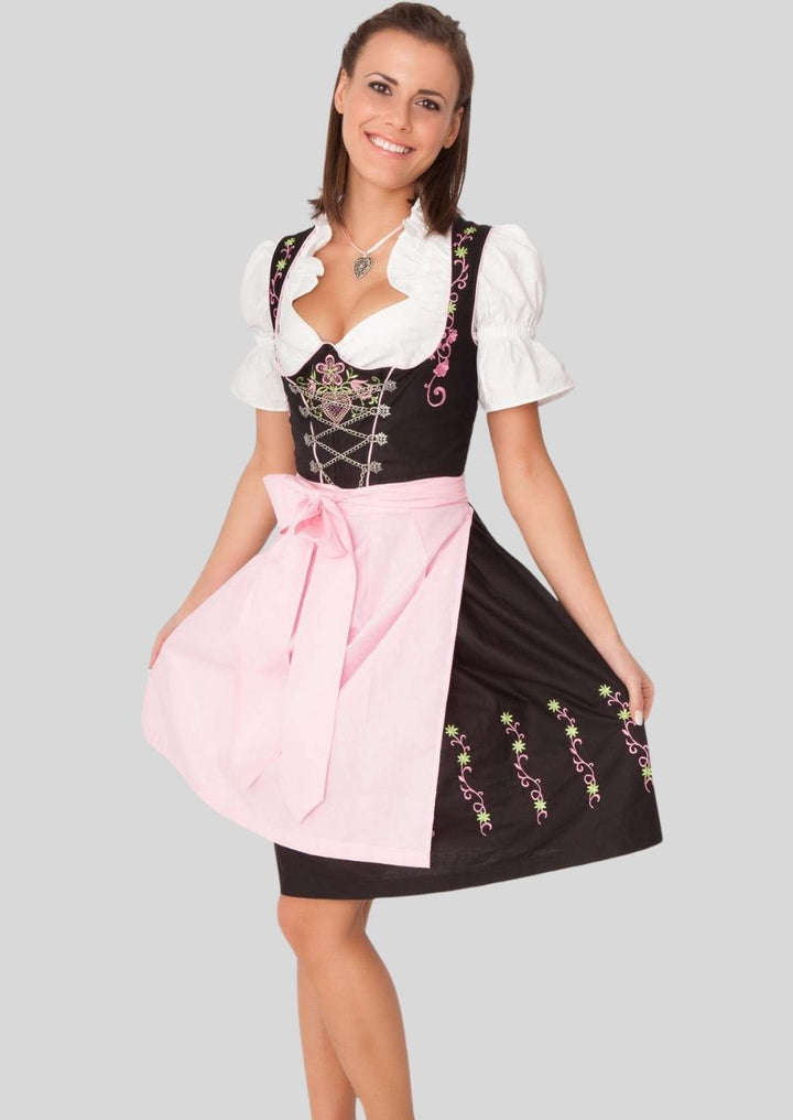 Romantic Floral Dirndl – Elegant Black & Rose Pink with Breathtaking Embroidery