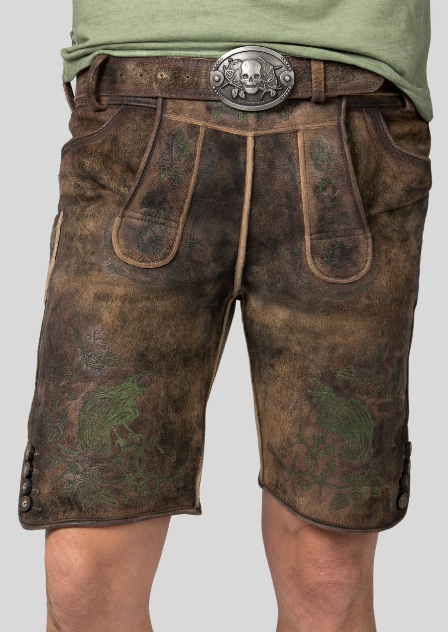 Rustic Aged Look Meets Breathable Comfort Lederhosen Closeup Pose