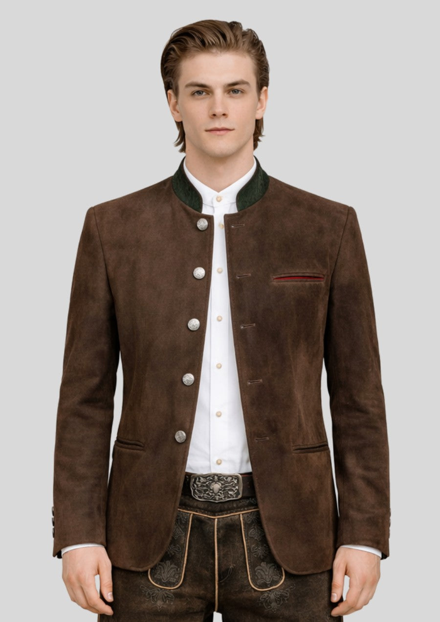 Man wearing a rustic brown Bavarian janker jacket featuring traditional alpine tailoring