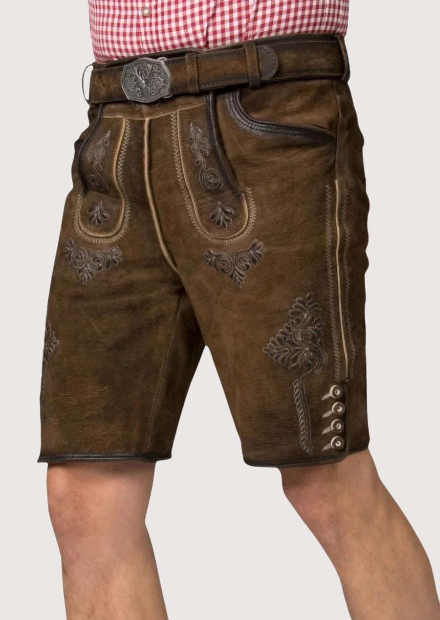 Rustic alpine lederhosen in brown leather showing traditional Bavarian craftsmanship and heritage styling