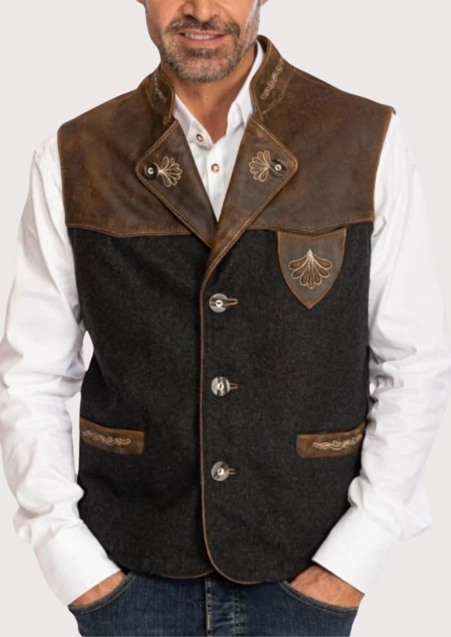 Men's Bavarian wool vest with leather detailing and elegant embroidery, ideal for festive gatherings.