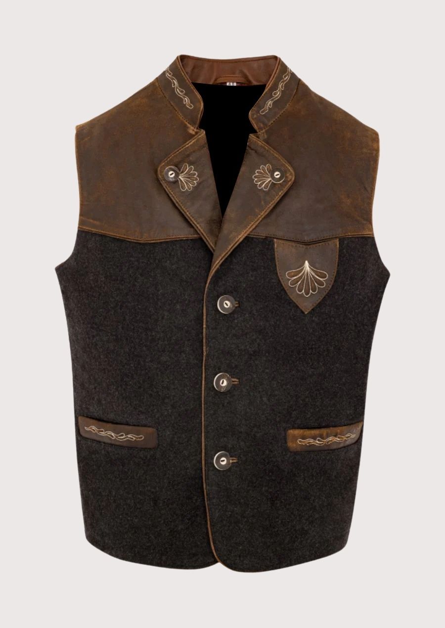 Rustic Bavarian Vest with leather accents and floral embroidery, perfect for Oktoberfest and cultural events.