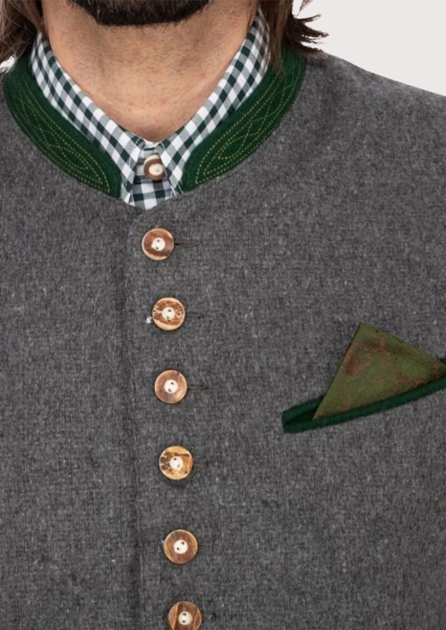 Men's Slim Fit Bavarian Vest – High-quality wool blend with green velvet trim, ideal for cultural events and weddings.