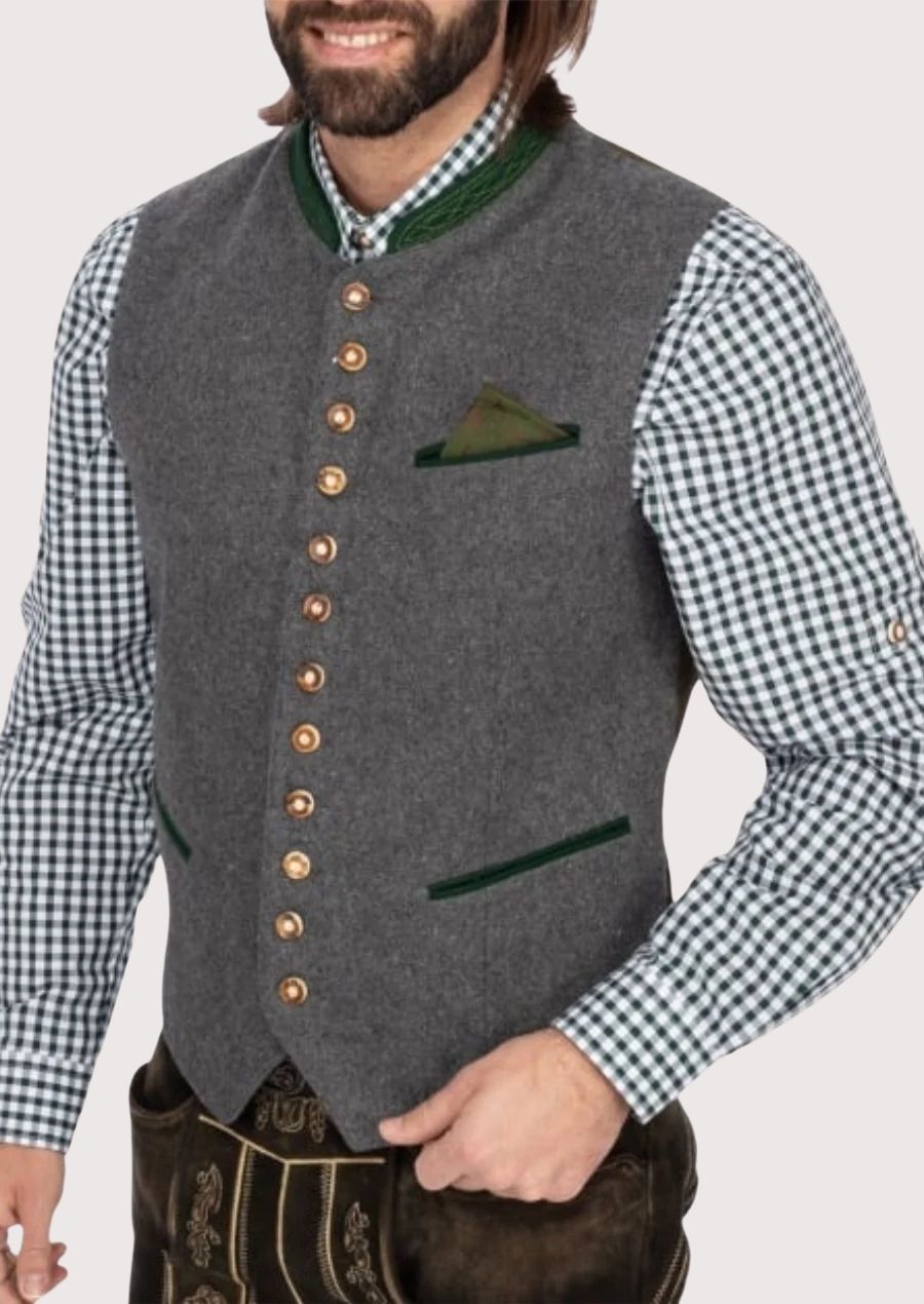 Traditional Bavarian vest with a modern slim fit and brass buttons, perfect for Oktoberfest and stylish fall gatherings.
