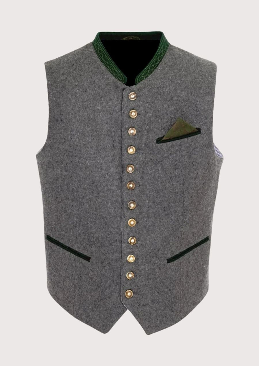 Slim Fit Bavarian Vest with green velvet accents and brass-tone buttons, perfect for Oktoberfest and formal occasions.