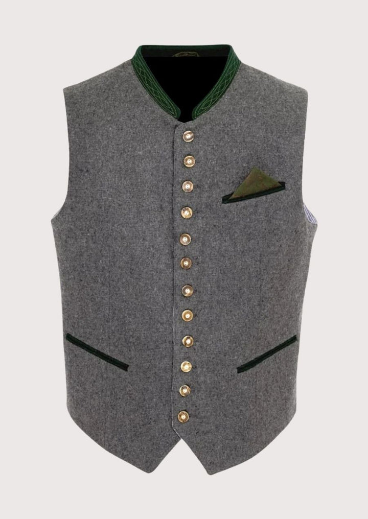 Slim Fit Bavarian Vest with green velvet accents and brass-tone buttons, perfect for Oktoberfest and formal occasions.