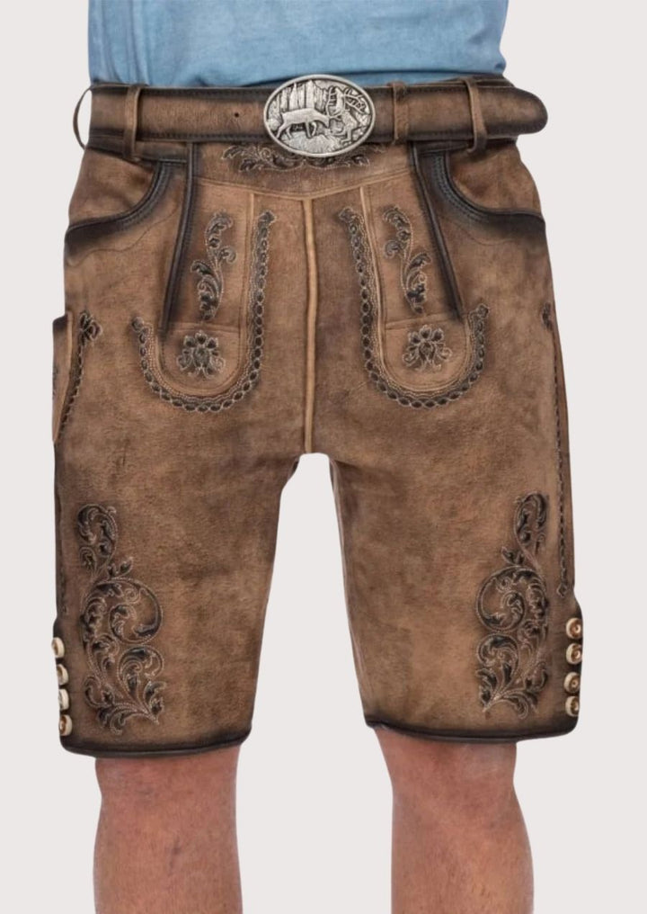 Authentic Bavarian lederhosen with deer crest belt buckle for Oktoberfest

