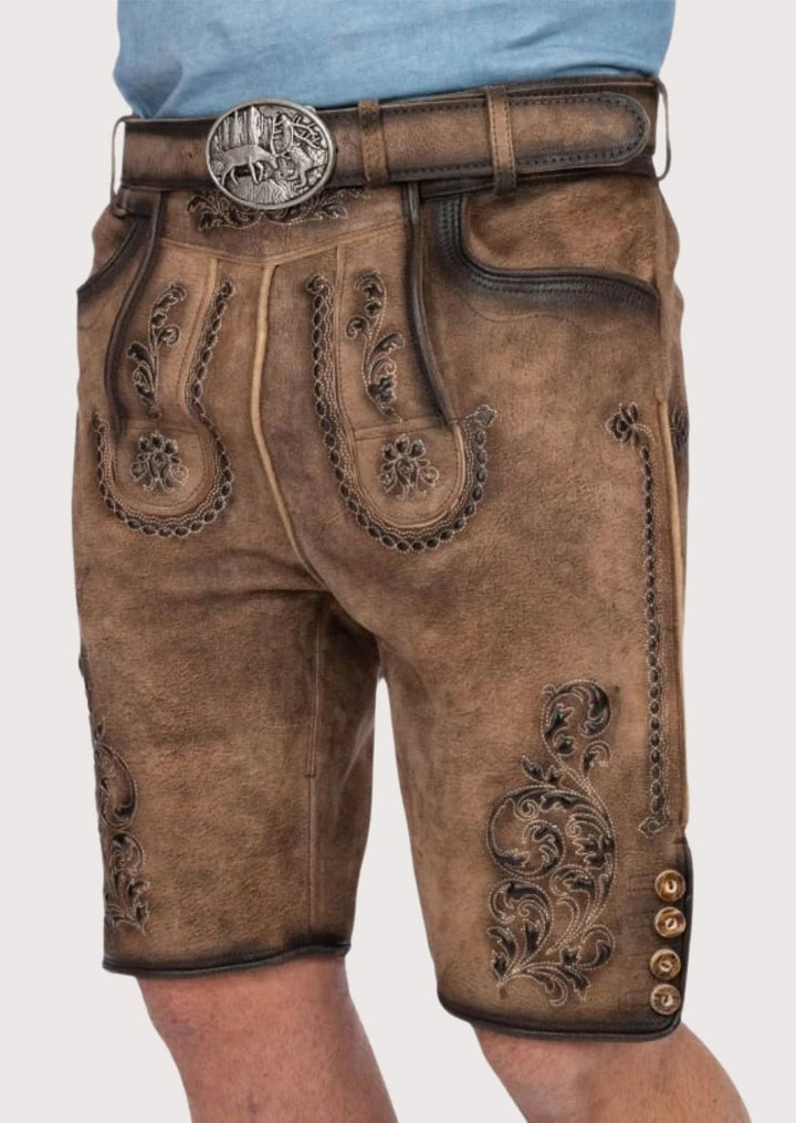 Brown suede German lederhosen shorts featuring alpine embroidery and side buttons

