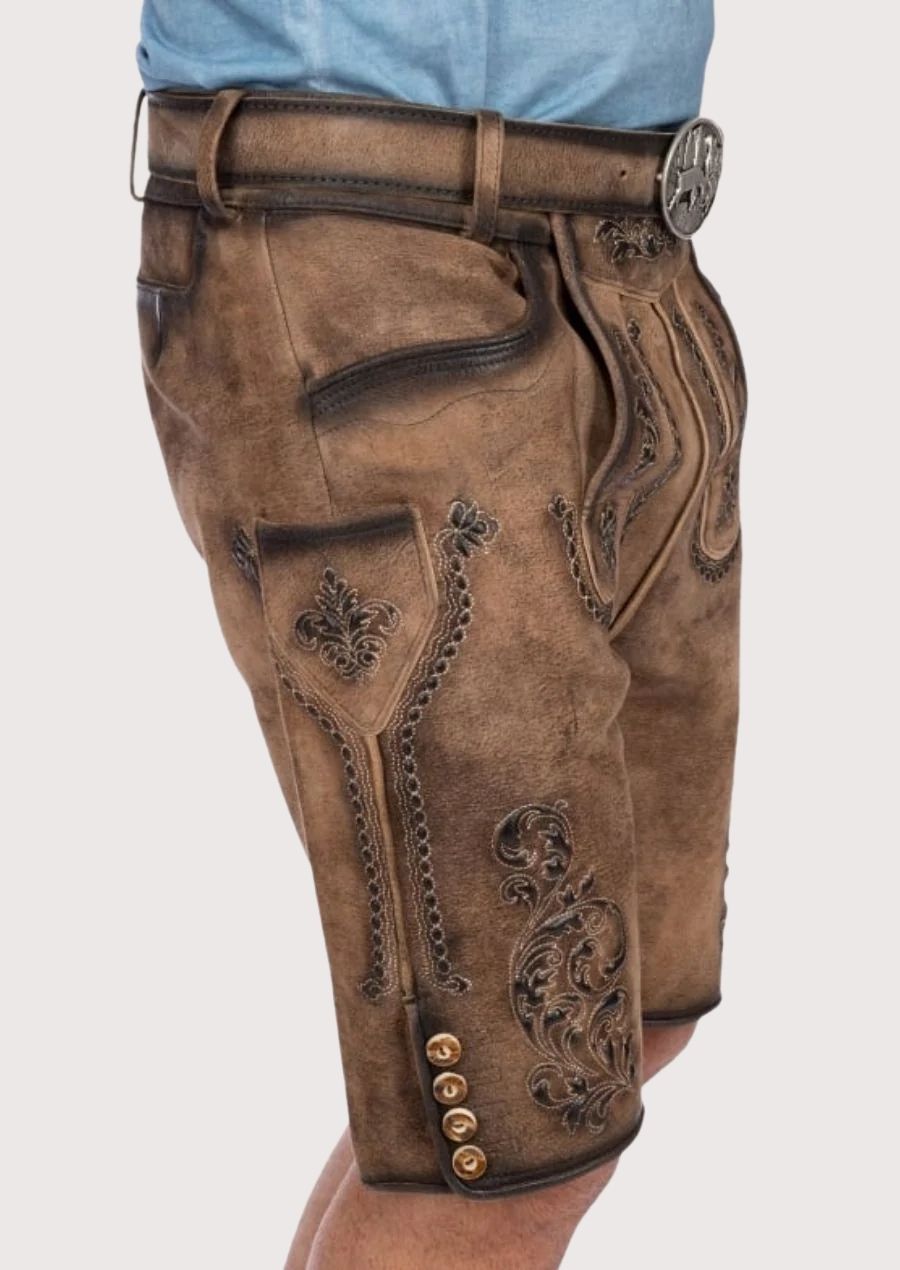 Men’s traditional Oktoberfest leather shorts with floral embroidery details

