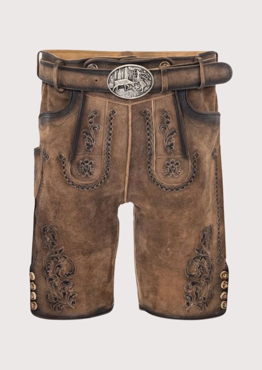 Stylish Lederhosen for Men in premium brown suede with traditional embroidery


