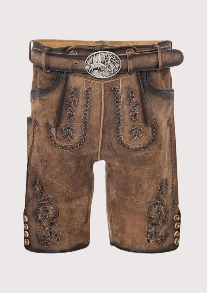 Stylish Lederhosen for Men in premium brown suede with traditional embroidery

