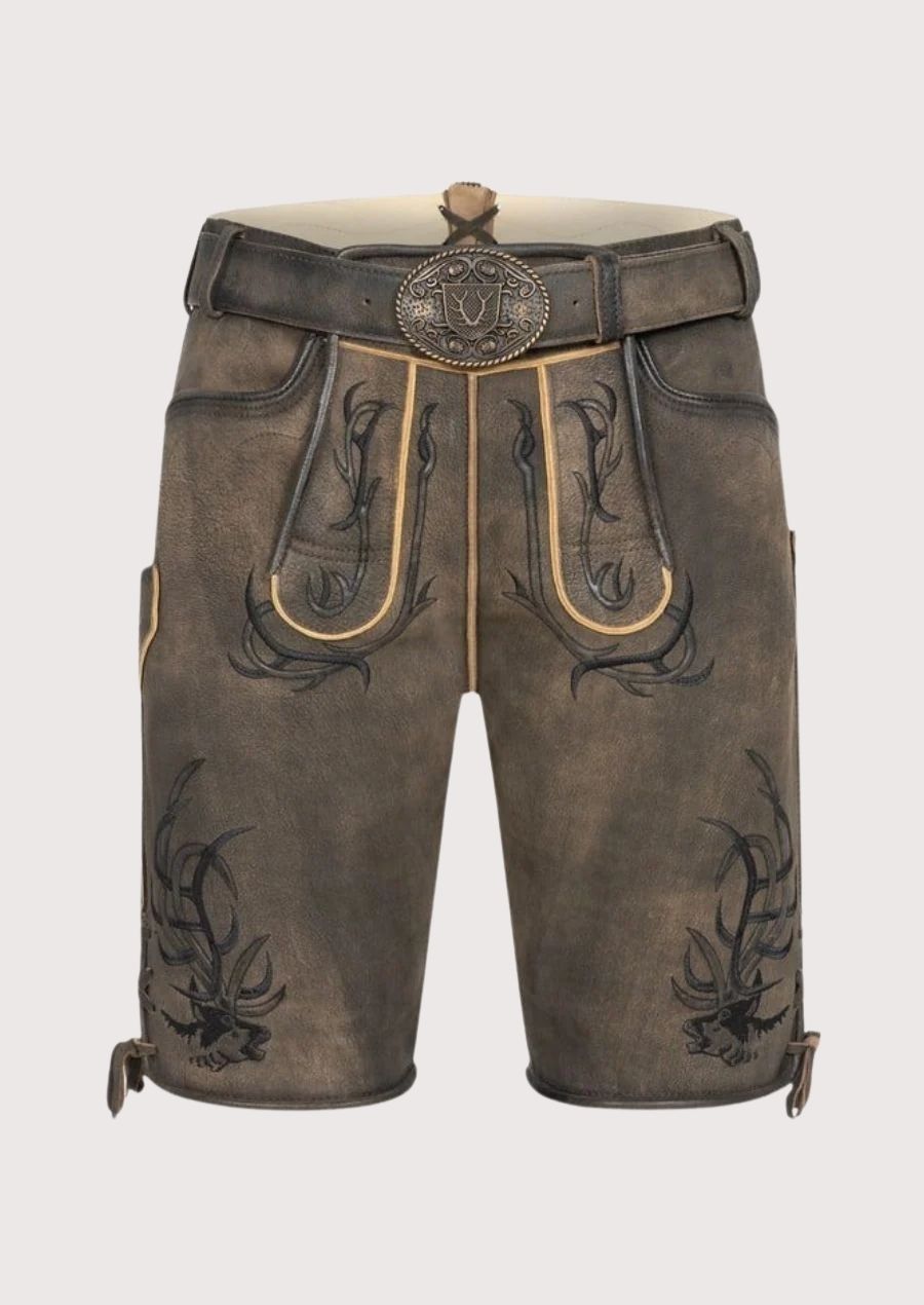 Brown leather shorts with decorative stitching on a white background
