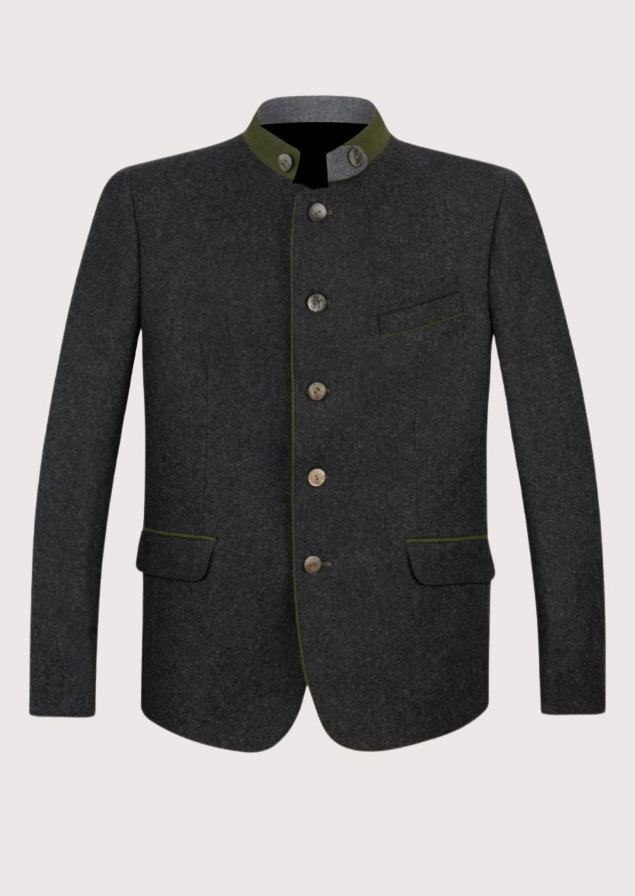 Charcoal grey men’s Trachten jacket with green trim and horn-style buttons

