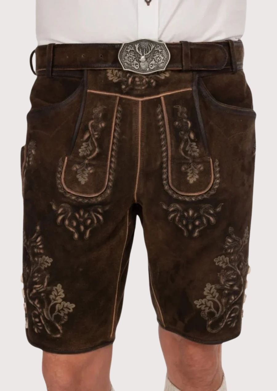 Premium leather lederhosen for men featuring detailed floral embroidery and a classic Bavarian design.