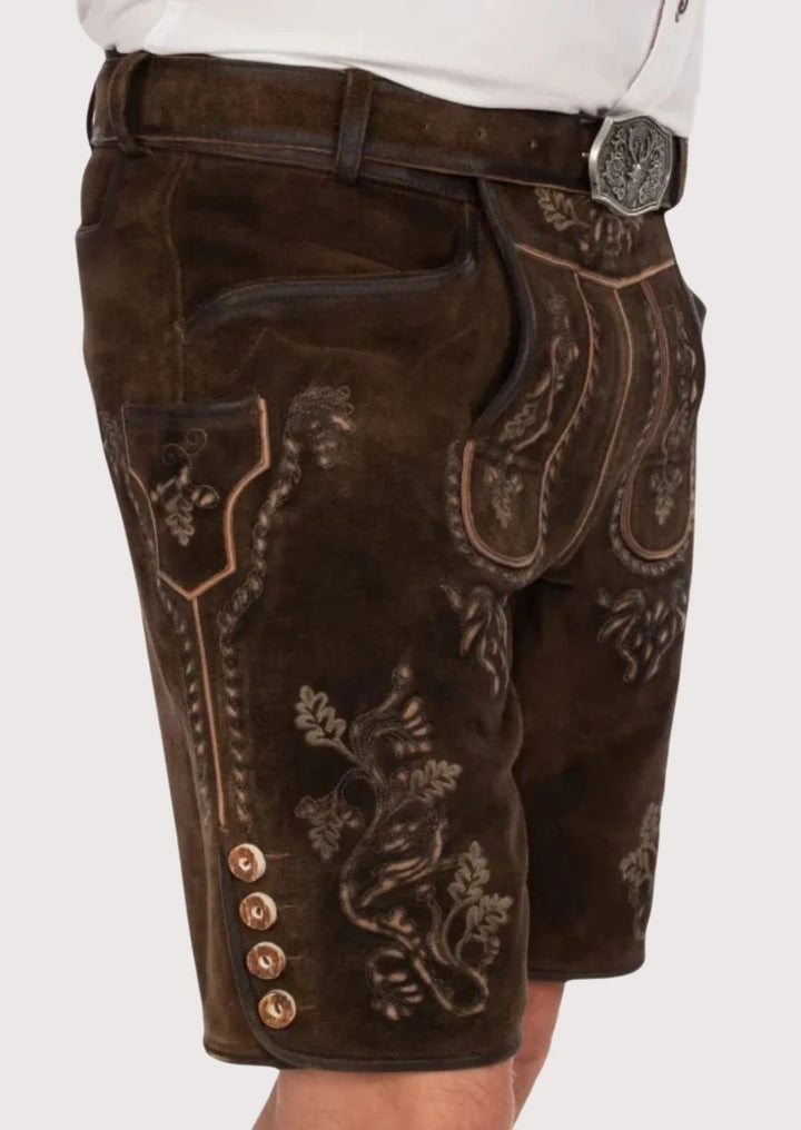 Men's Stylish Lederhosen with embroidered floral details and high-quality leather, perfect for Oktoberfest celebrations.