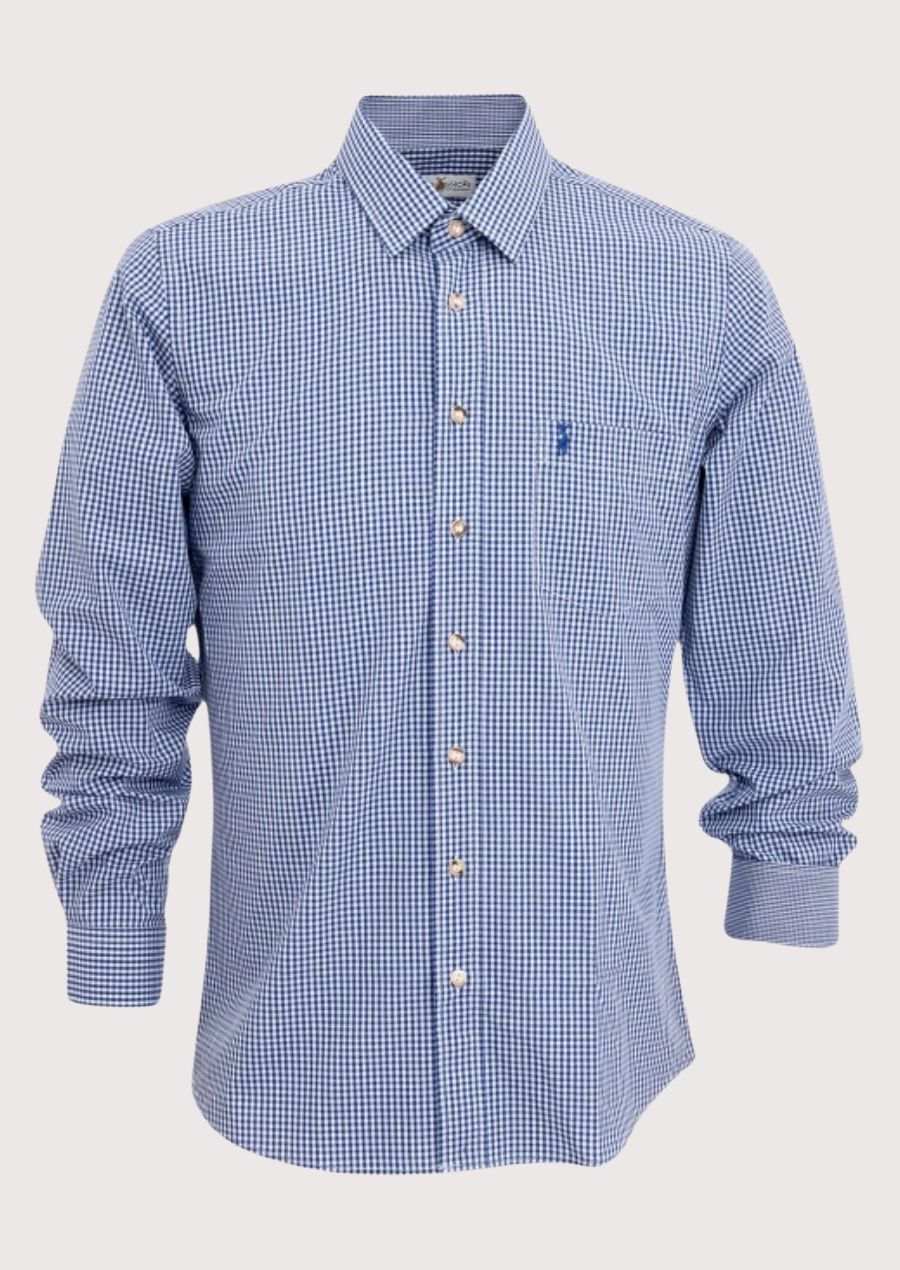 Stylish Trachten Shirt for Men – Blue Gingham Pattern with Mandarin Collar