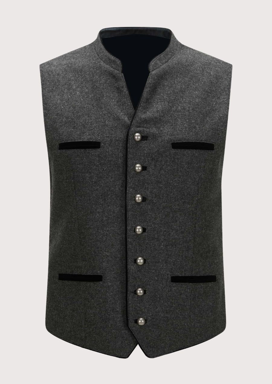 Stylish Trachten Vest in grey with black velvet accents, perfect for Oktoberfest, cultural events, and Bavarian celebrations.