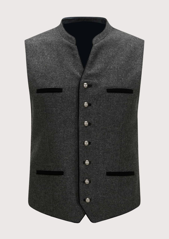 Stylish Trachten Vest in grey with black velvet accents, perfect for Oktoberfest, cultural events, and Bavarian celebrations.