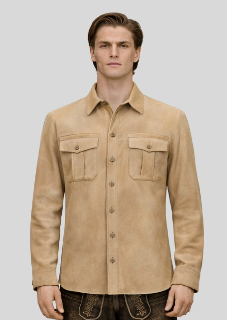 Man wearing a suede Trachten jacket designed in refined Bavarian style.
