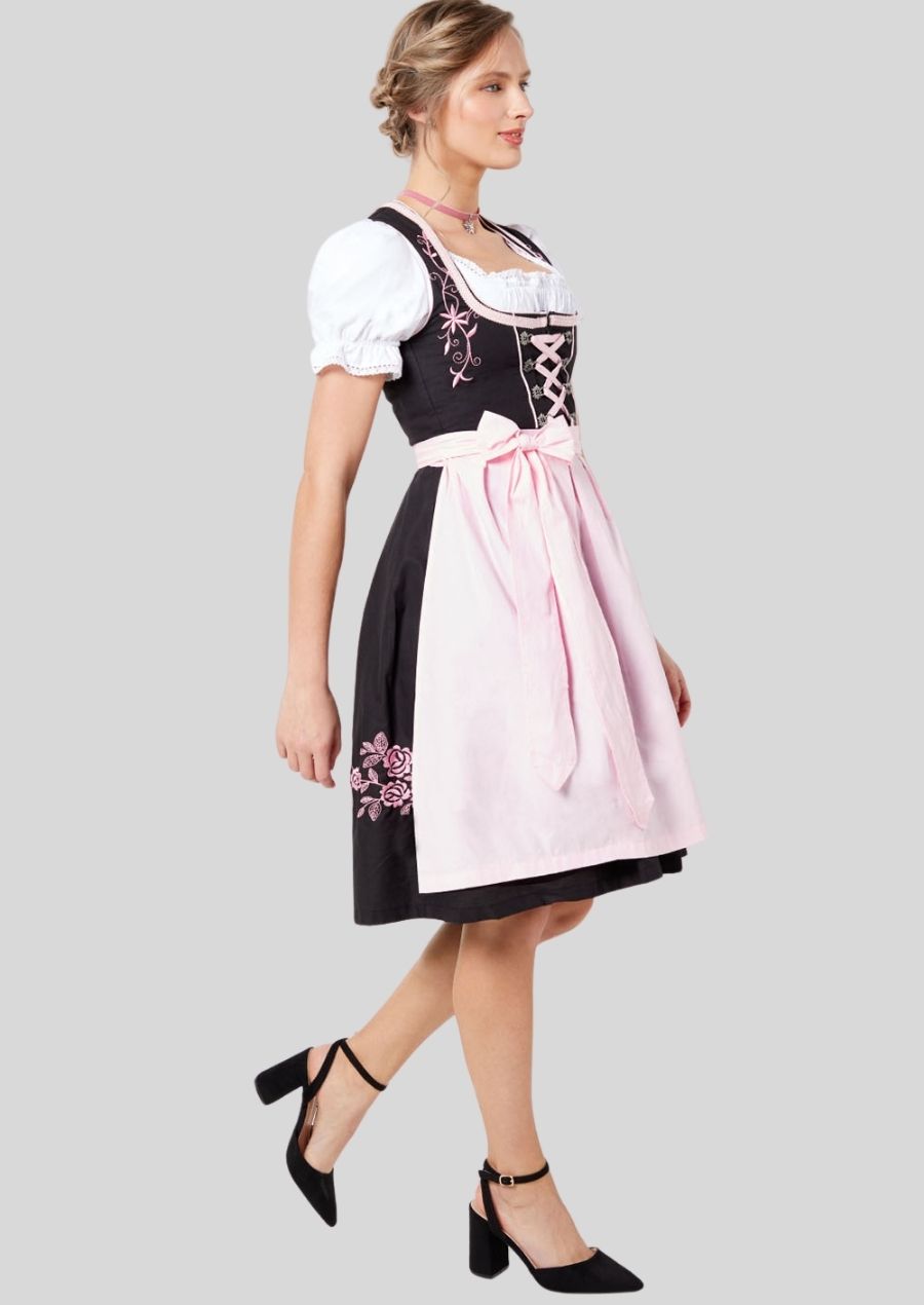 Sweet & Sexy Floral Dirndl – Romantic Black & Light Pink with Beautiful Embroidery