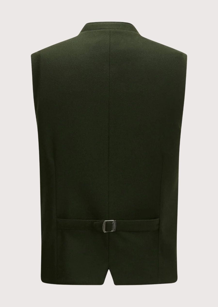 Men’s Bavarian Trachten Vest with velvet accents and silver-tone buttons, ideal for Oktoberfest and weddings.