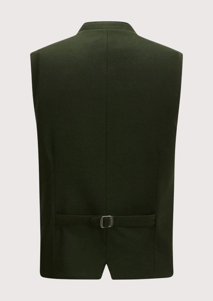 Men’s Bavarian Trachten Vest with velvet accents and silver-tone buttons, ideal for Oktoberfest and weddings.