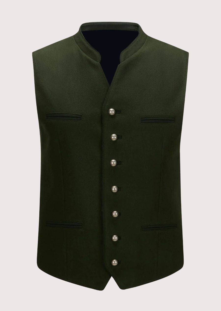 Timeless Trachten Vest for Men in green wool, perfect for Oktoberfest and Bavarian cultural events.