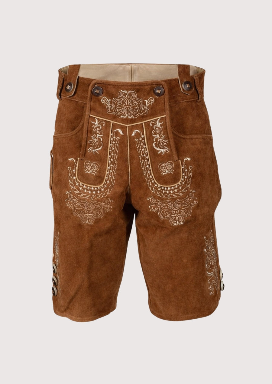 Shop shaded brown Trachten Lederhosen in premium leather with suspenders, authentic embroidery, and timeless Bavarian festival styling.