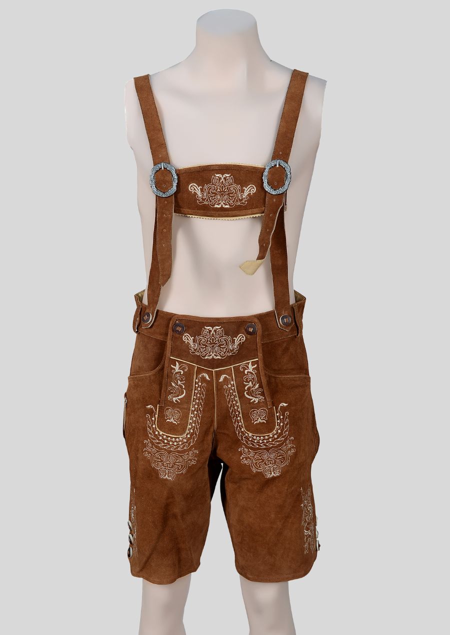 traditional solid brown lederhosen, the real shaded brown offers a rich and distinctive look. The subtle variations in color add depth and visual interest to the garment.