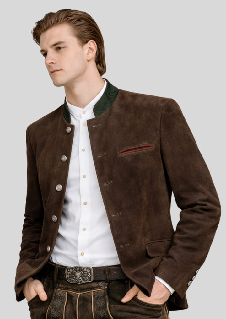 Men’s brown alpine Trachten jacket styled for authentic Oktoberfest traditional wear