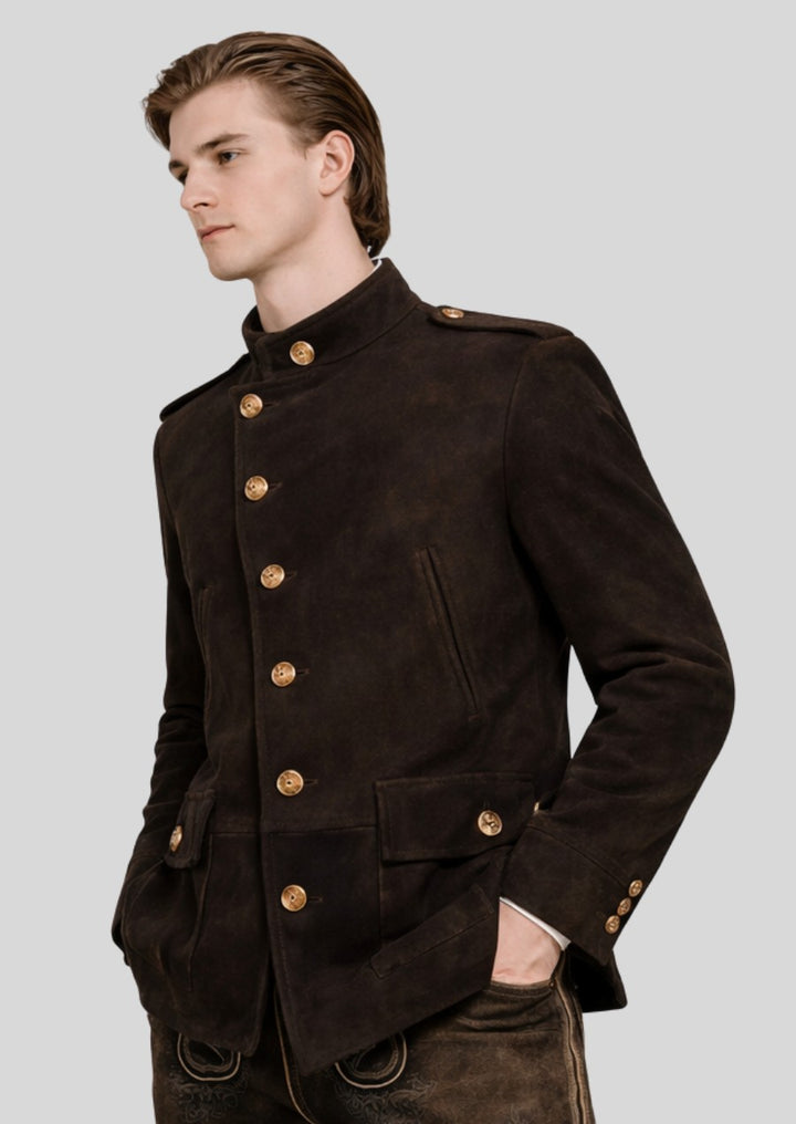 Elegant Bavarian men’s jacket in deep brown featuring high collar and classic heritage tailoring.