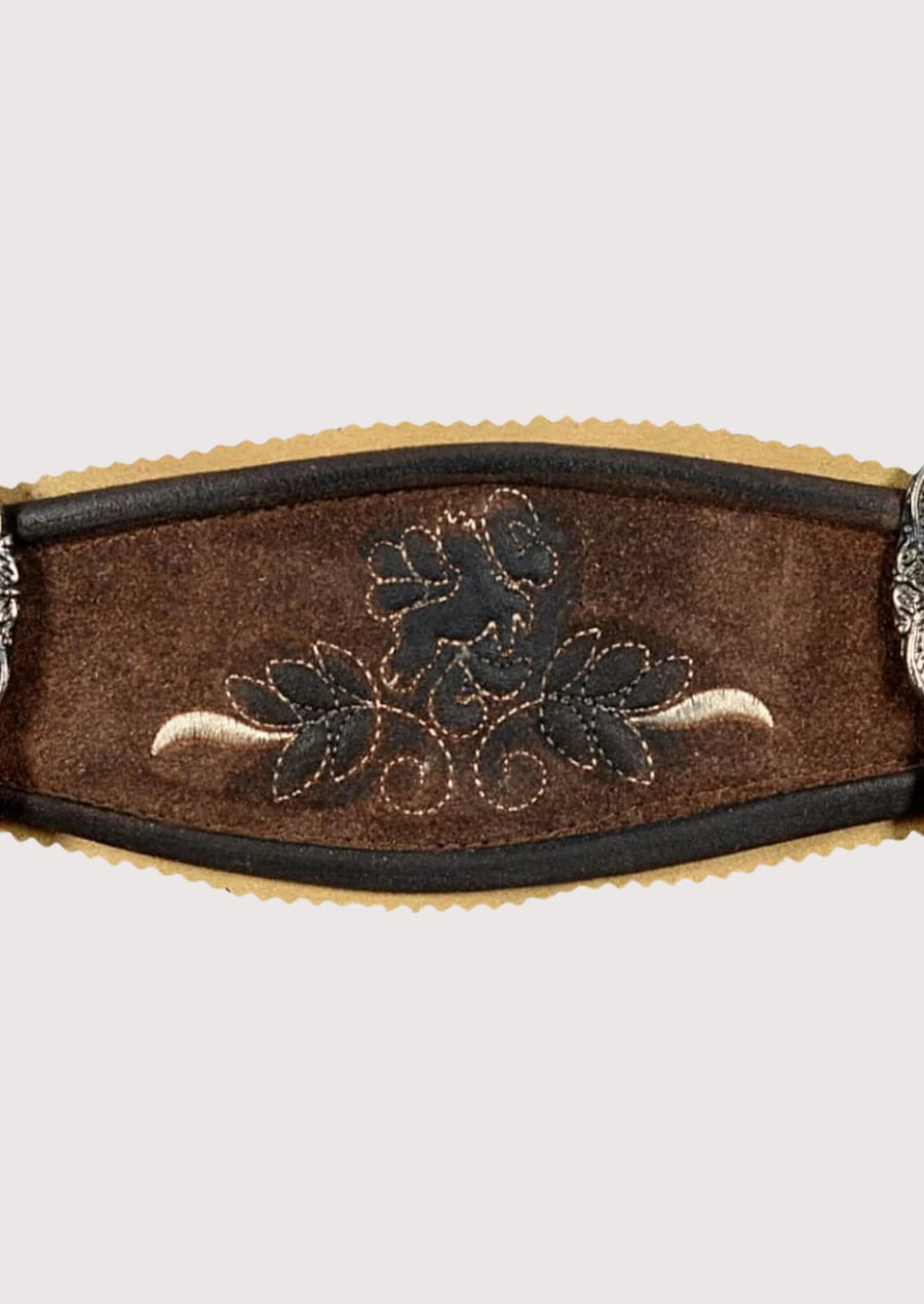 Brown Bavarian lederhosen for men with detailed embroidery, leather texture, and classic Oktoberfest styling.