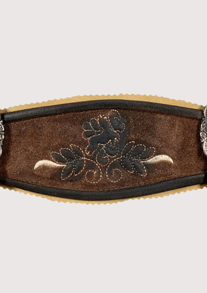 Brown Bavarian lederhosen for men with detailed embroidery, leather texture, and classic Oktoberfest styling.