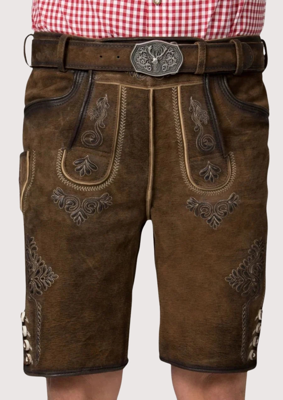 Traditional brown Bavarian lederhosen leather shorts with decorative embroidery and classic belt buckle