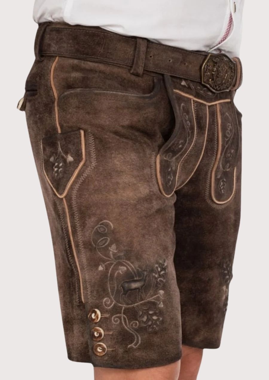 Traditional brown lederhosen Oktoberfest leather shorts folk design