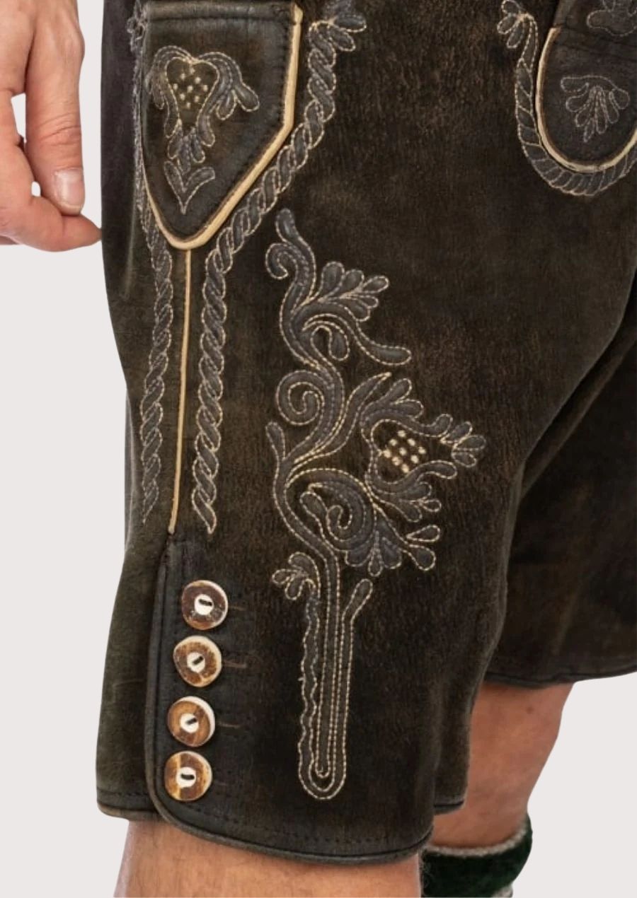 Handmade German festival lederhosen with vintage belt and detailing