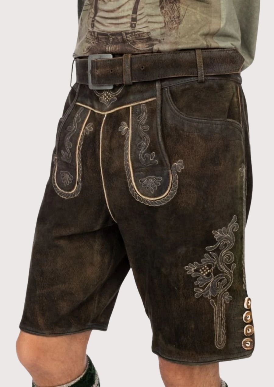 Authentic Oktoberfest men's lederhosen in dark brown suede
