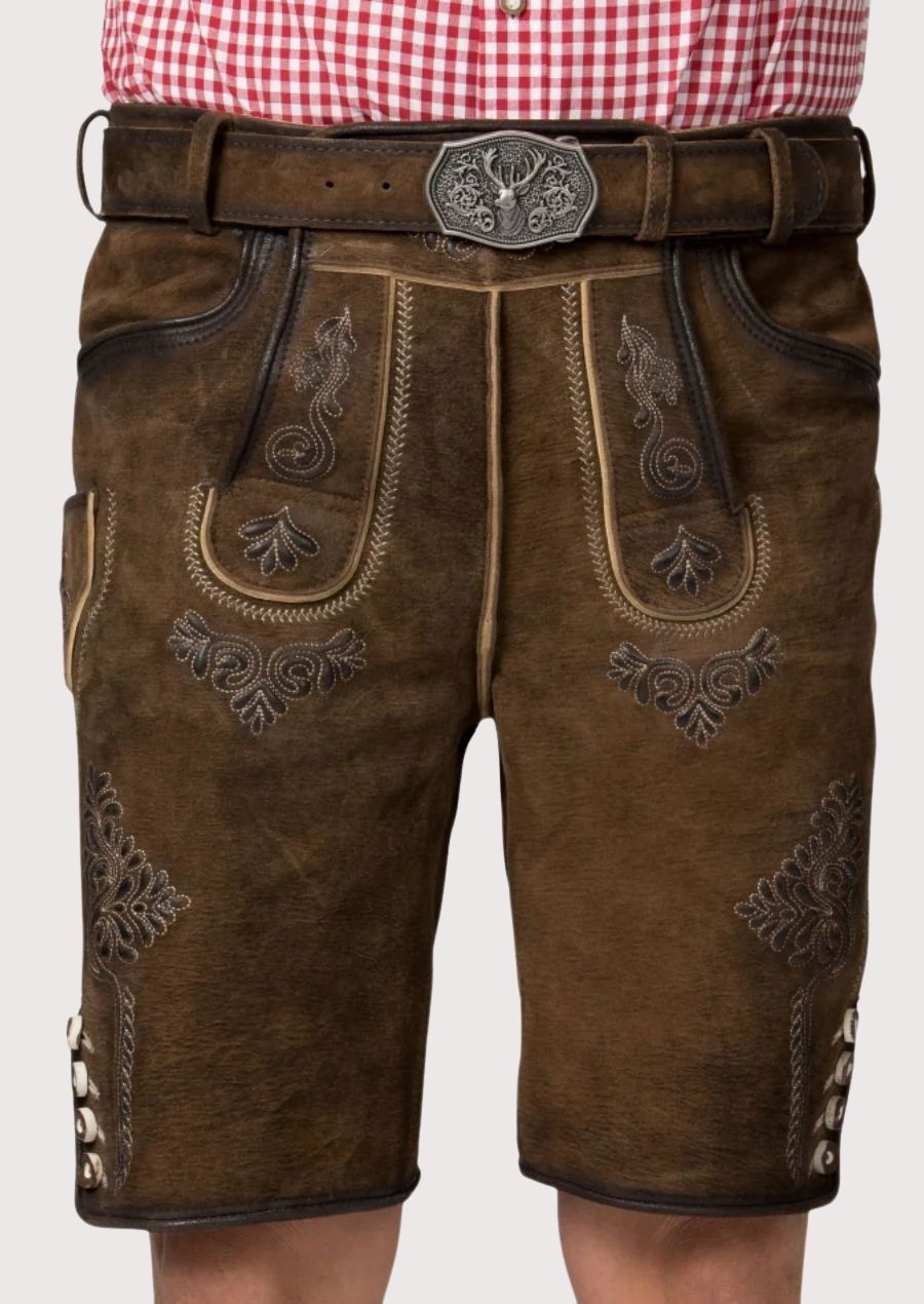 Authentic Bavarian Lederhosen for men, featuring adjustable suspenders, detailed floral embroidery, and a buckle for a perfect fit.
