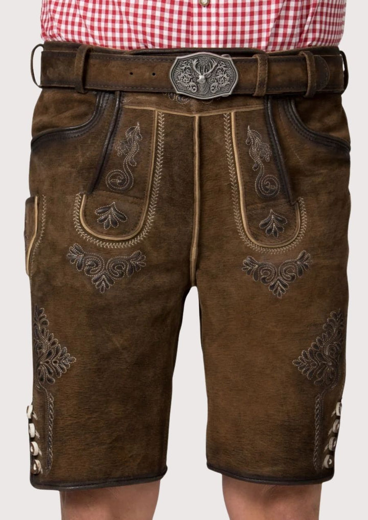 Authentic Bavarian Lederhosen for men, featuring adjustable suspenders, detailed floral embroidery, and a buckle for a perfect fit.