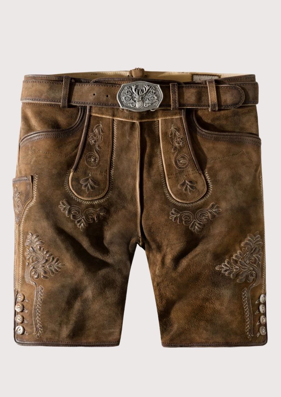 Traditional Men's Lederhosen – Premium leather with floral embroidery, ideal for Oktoberfest, German weddings, and cultural festivals.