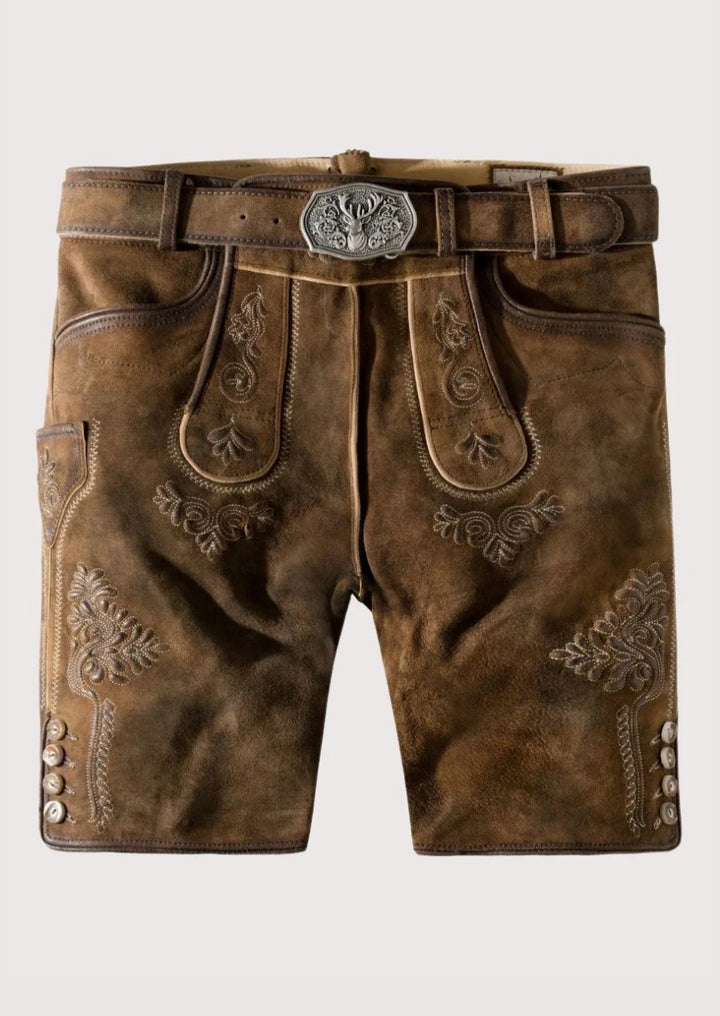 Classic alpine brown lederhosen shorts with embroidered details and authentic Bavarian leather look