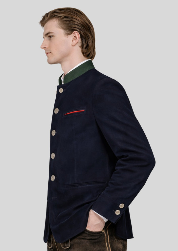 Premium German trachten jacket for men with navy fabric, contrast collar, and refined heritage design.