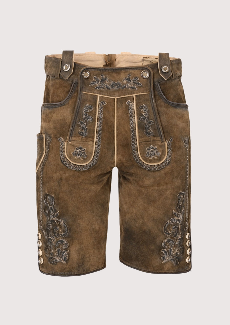Brown leather shorts with floral embroidery on a light gray background