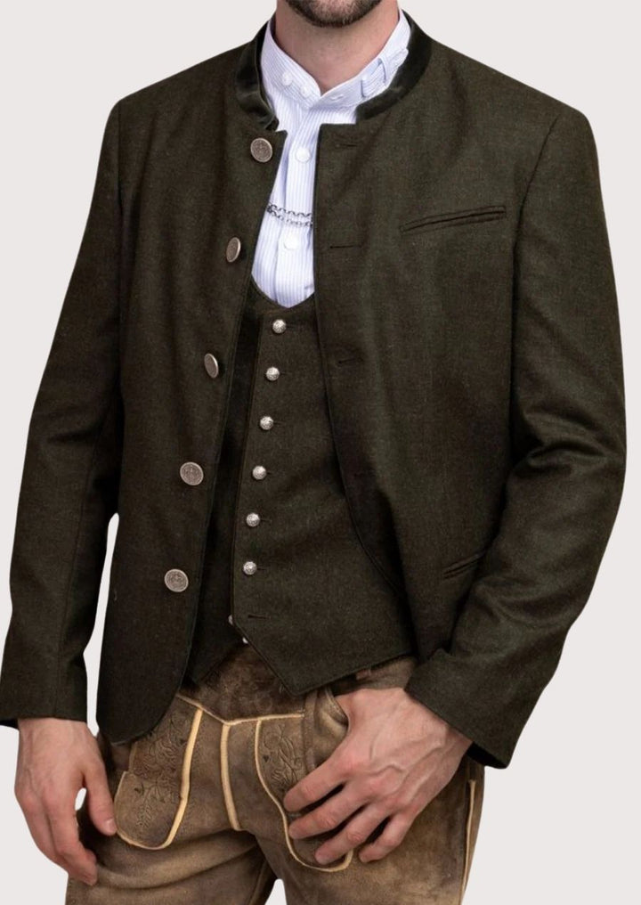 German heritage men’s wool jacket with silver-tone engraved buttons

