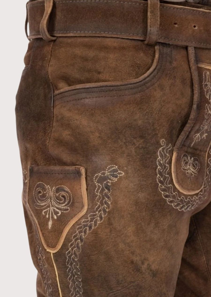 Men's Bundhosen – Timeless leather pants with intricate embroidery, ideal for winter festivals and outdoor events.