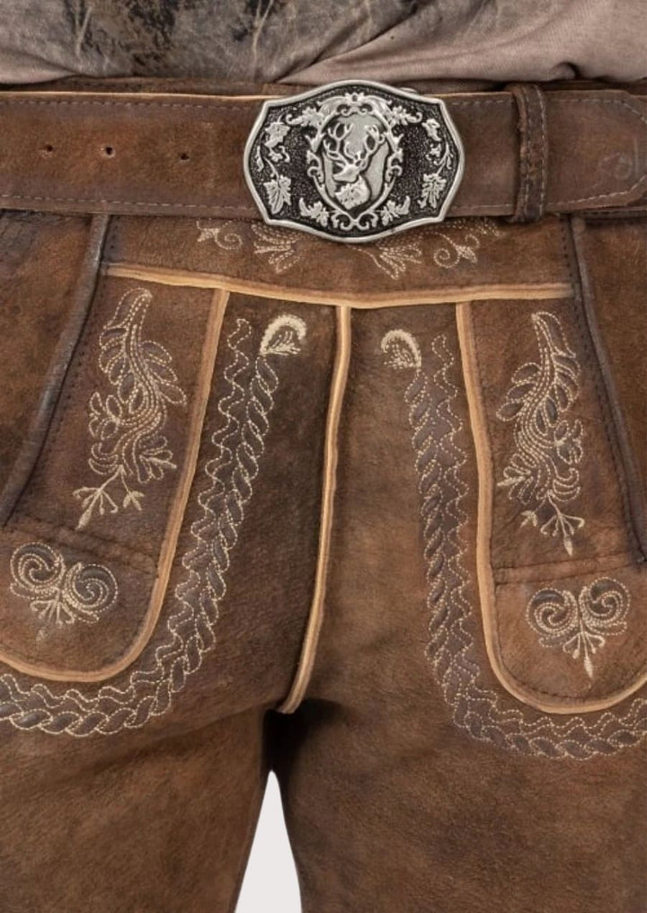 Stylish Men's Bundhosen made from high-quality leather, featuring adjustable cuffs and traditional hand-stitched embroidery for comfort and durability.